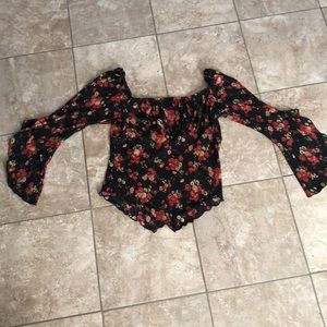 Black and red floral print off the shoulder top